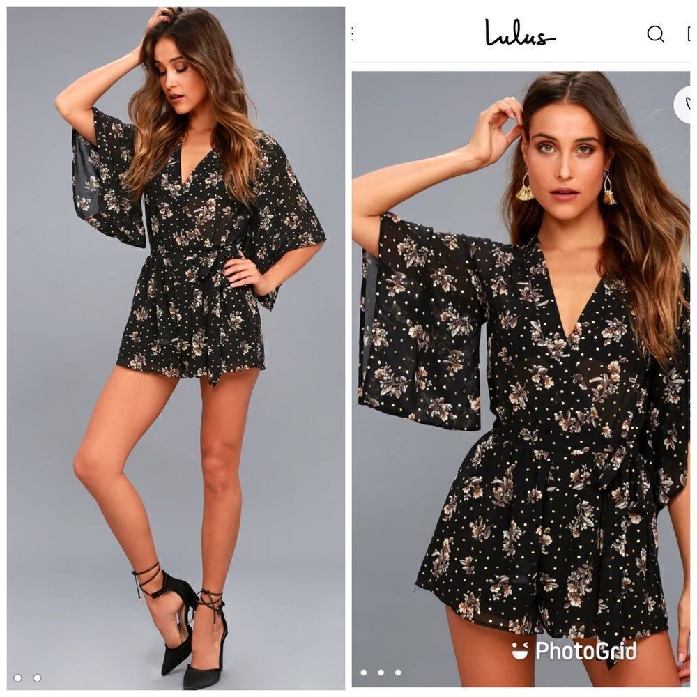 Lulus Midnight Voyage Black Print Romper Sz-Medium